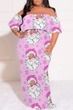 Black Yellow Casual Santa Claus Print Patchwork Off Shoulder Long Plus Size Dresses