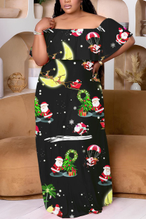 Black Casual Santa Claus Print Patchwork Off Shoulder Long Plus Size Dresses