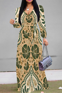 Beige Daily Elegant Floral Print Lace Up Contrast V Neck Printed Dresses