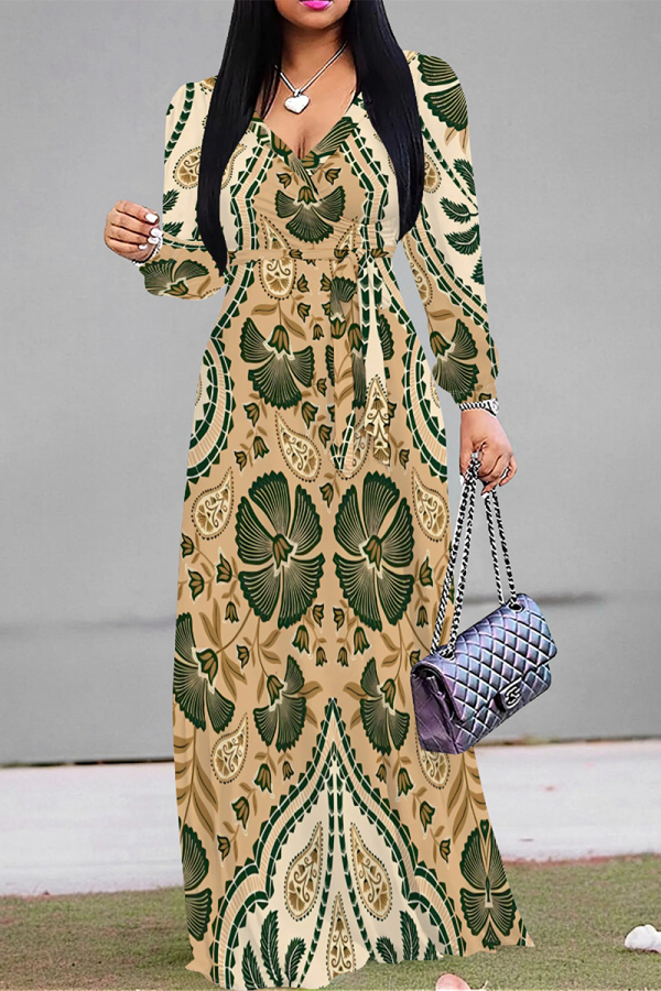 Beige Daily Elegant Floral Print Lace Up Contrast V Neck Printed Dresses