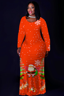 Tangerine Red Casual Print Basic O Neck Long Plus Size Dresses