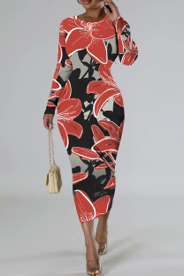 Red Casual Floral Print Basic O Neck Long Sleeve Dresses