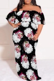 Black Yellow Casual Santa Claus Print Patchwork Off Shoulder Long Plus Size Dresses