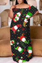 Black Green Casual Santa Claus Print Patchwork Off Shoulder Long Plus Size Dresses