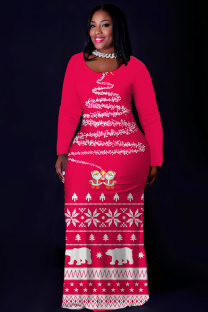 Deep Rose Red Casual Print Basic O Neck Long Plus Size Dresses
