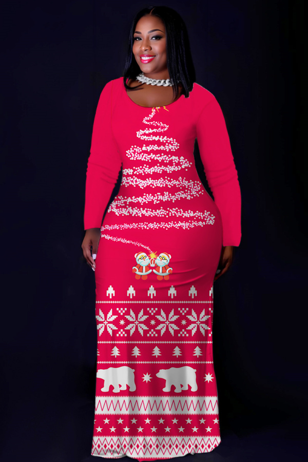Deep Rose Red Casual Print Basic O Neck Long Plus Size Dresses