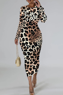 Leopard Print Casual Print Basic O Neck Long Sleeve Dresses