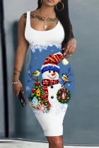 Blue Casual Print Basic U Neck Vest Dresses