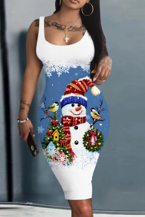 Blue Casual Print Basic U Neck Vest Dresses