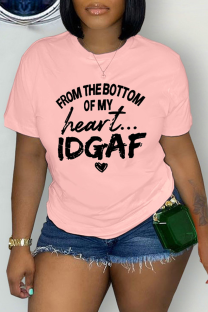 Pink Casual Street Letter Print Contrast O Neck T-Shirts