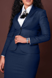 Deep Blue Casual Business Wear Solid Color Slit Turn-back Collar Long Sleeve Two Pieces