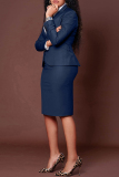 Deep Blue Casual Business Wear Solid Color Slit Turn-back Collar Long Sleeve Two Pieces