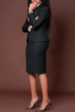 Deep Blue Casual Business Wear Solid Color Slit Turn-back Collar Long Sleeve Two Pieces