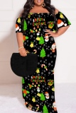 Black Yellow Casual Santa Claus Print Patchwork Off Shoulder Long Plus Size Dresses