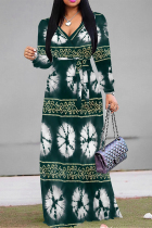 Ink Green Daily Elegant Floral Print Lace Up Contrast V Neck Printed Dresses