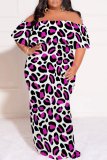 White Blue Casual Leopard Print Patchwork Backless Off Shoulder Long Plus Size Dresses