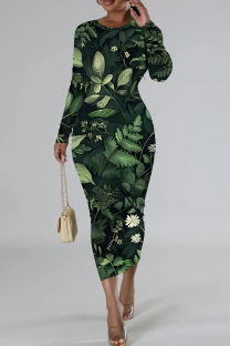 Ink Green Casual Floral Print Basic O Neck Long Sleeve Dresses