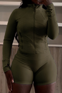 Olive Green Casual Solid Color Patchwork Zipper Zipper Collar Long Sleeve Two Pieces