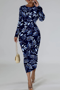 Blue Casual Floral Print Basic O Neck Long Sleeve Dresses