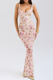 Apricot Elegant Print Patchwork Backless U Neck Long Dresses
