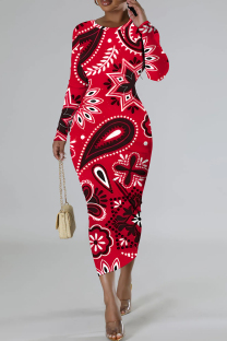 Red Casual Print Basic O Neck Long Sleeve Dresses