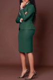 Deep Blue Casual Business Wear Solid Color Slit Turn-back Collar Long Sleeve Two Pieces