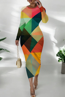 Black Green Casual Print Patchwork O Neck Wrapped Skirt Dresses