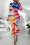 Colour Casual Print Patchwork O Neck Wrapped Skirt Dresses