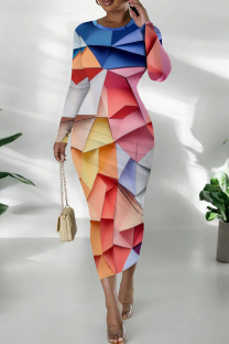 Blue Pink Casual Print Patchwork O Neck Wrapped Skirt Dresses
