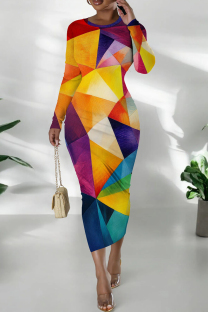 Purple Orange Casual Print Patchwork O Neck Wrapped Skirt Dresses