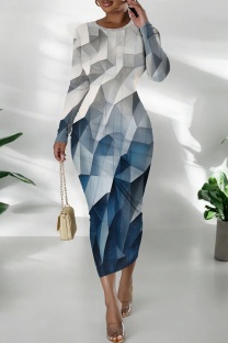 Blue White Casual Print Patchwork O Neck Wrapped Skirt Dresses