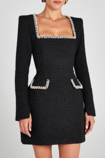 Black Elegant Solid Color Patchwork Square Neck A Line Dresses