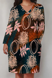 Black Casual Street Floral Print Pocket Contrast V Neck Printed Plus Size Dresses