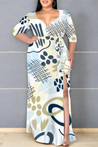 Blue White Daily Elegant Geometric Print Lace Up Contrast V Neck Printed Plus Size Dresses