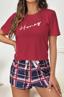 Burgundy Casual Living Plaid Letter Print Draw String Sleepwear