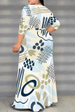 Beige Daily Elegant Geometric Print Lace Up Contrast V Neck Printed Plus Size Dresses