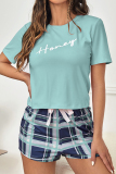Pink Casual Living Plaid Letter Print Draw String Sleepwear