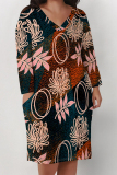 Black Casual Street Floral Print Pocket Contrast V Neck Printed Plus Size Dresses