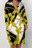 Black Casual Street Floral Print Pocket Contrast V Neck Printed Plus Size Dresses