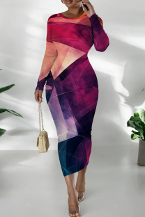 Purple Casual Print Patchwork O Neck Wrapped Skirt Dresses