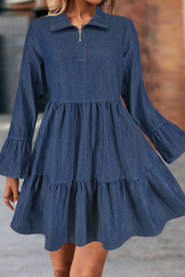 Deep Blue Casual Solid Color Patchwork Zipper Ruffled Trim Zipper Collar Long Sleeve Boot Cut Denim Dresses