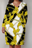 Black Casual Street Floral Print Pocket Contrast V Neck Printed Plus Size Dresses