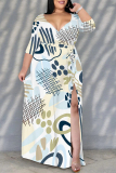 Beige Daily Elegant Geometric Print Lace Up Contrast V Neck Printed Plus Size Dresses