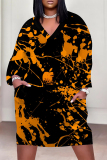Black Casual Street Floral Print Pocket Contrast V Neck Printed Plus Size Dresses