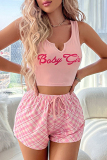 Blue Sexy Vintage Plaid Letter Print Draw String Contrast Sleepwear