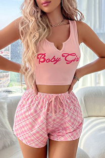 Pink Sexy Vintage Plaid Letter Print Draw String Contrast Sleepwear