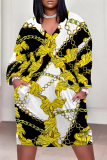 Black Casual Street Floral Print Pocket Contrast V Neck Printed Plus Size Dresses