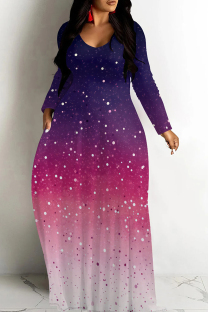 Purple And White Casual Print Patchwork O Neck Long Dresses