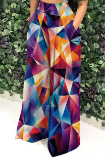 Blue Orange Casual Print Pocket Patchwork Loose High Waist Wide Leg Full Print Bottoms