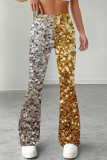 Blue Black Casual Print Patchwork Boot Cut Mid Waist Full Print Bottoms